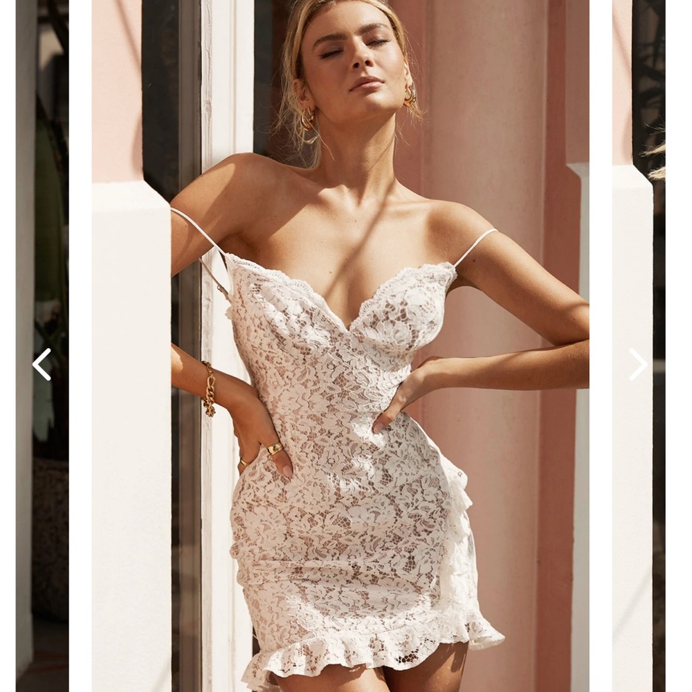 AZUSA RUFFLE TRIM LACE MINI DRESS WHITE